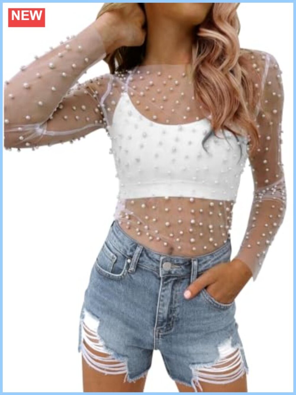 Pearl Mesh Crop Top Sheer Rhinestone Long Sleeve Party Blouse